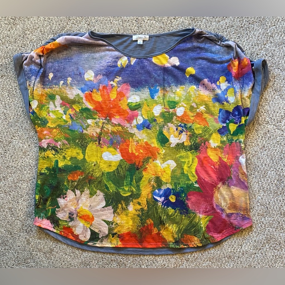Jillian N Colorful Art-Inspired Floral Print Short-Sleeved Top, Women’s Size 2X